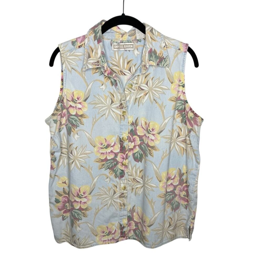 DRESSBARN / vintage pastel floral printed button up sleeveless blouse top / L